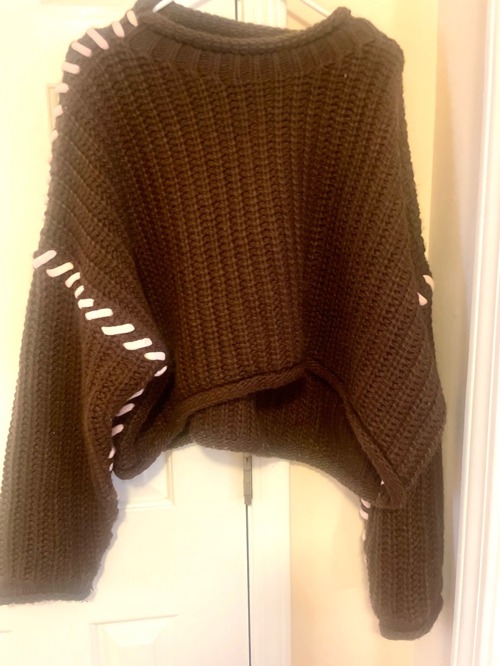 Altar'd State Chocolate Brown Chunky Knit Poncho with Pink Trim